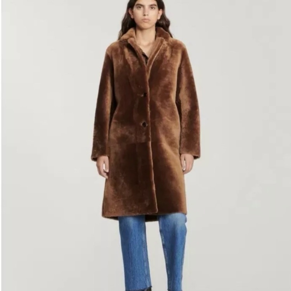 Sandro Brown Real Lambswool Fur Coat